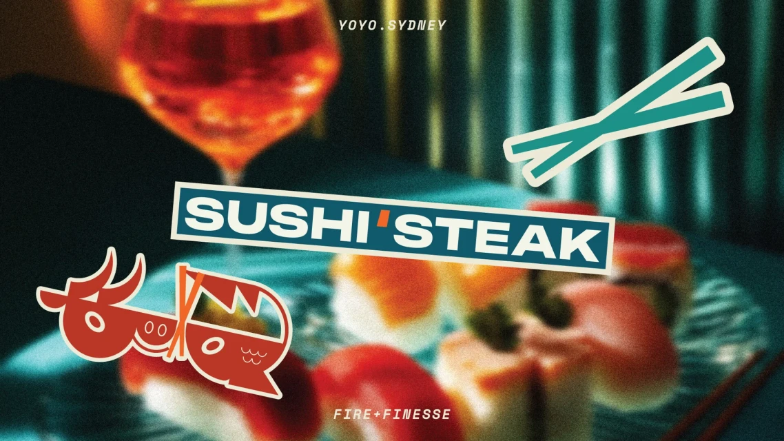 Graphic image of sushi, stylized logo, and vibrant colors, showcasing modern culinary artistry in a visually appealing composition.