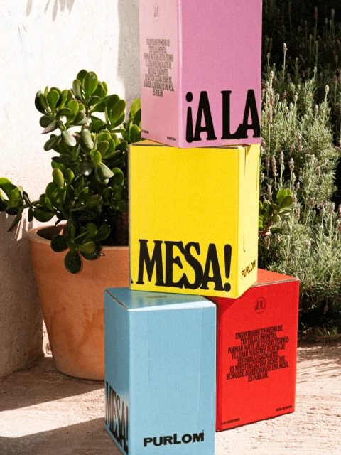 Stack of colorful product boxes from PurLom next to a potted plant, displayed outdoors with bright sunlight and natural shadows.