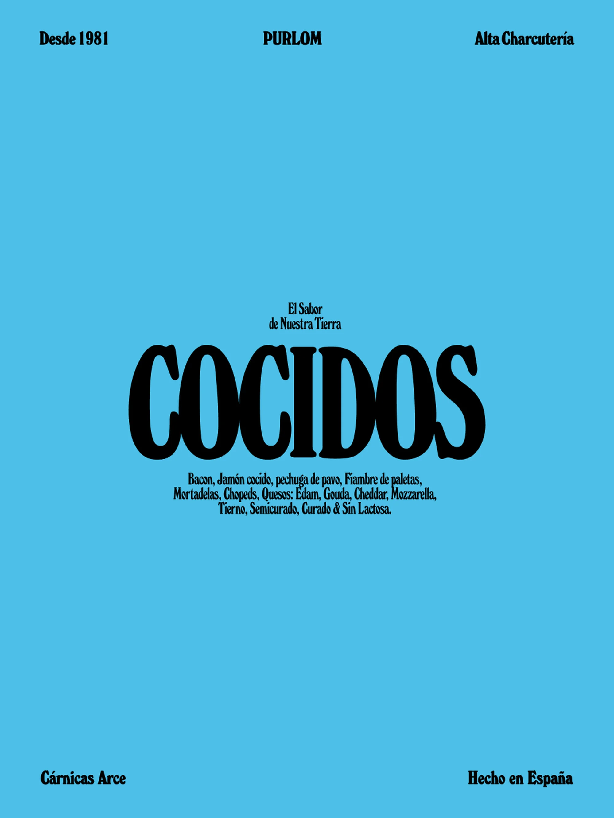 Promotional poster on a light blue background, featuring the word 'COCIDOS' and a list of meats and cheeses in Spanish.