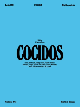 Promotional poster on a light blue background, featuring the word 'COCIDOS' and a list of meats and cheeses in Spanish.