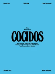 Bright cyan graphic poster for Purlom featuring bold black typography with the word COCIDOS centered prominently