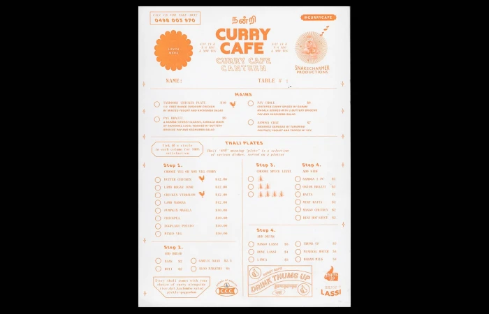 Colorful menu for Curry Cafe featuring Tamil script, food selections, and drink options, designed with a retro, illustrative aesthetic.