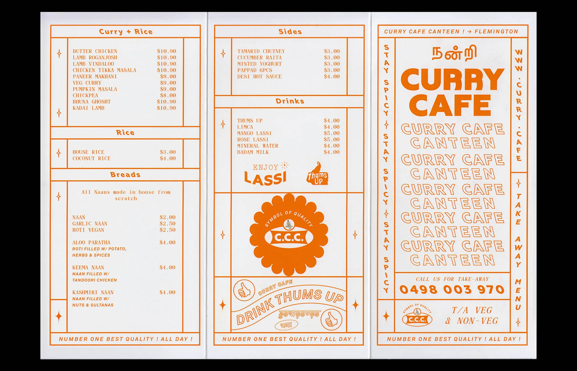Menu for Curry Cafe featuring text and graphic elements in orange on a white background, listing a variety of Indian dishes and beverages.