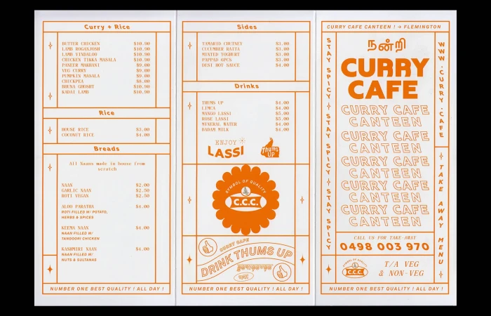 Menu for Curry Cafe featuring text and graphic elements in orange on a white background, listing a variety of Indian dishes and beverages.