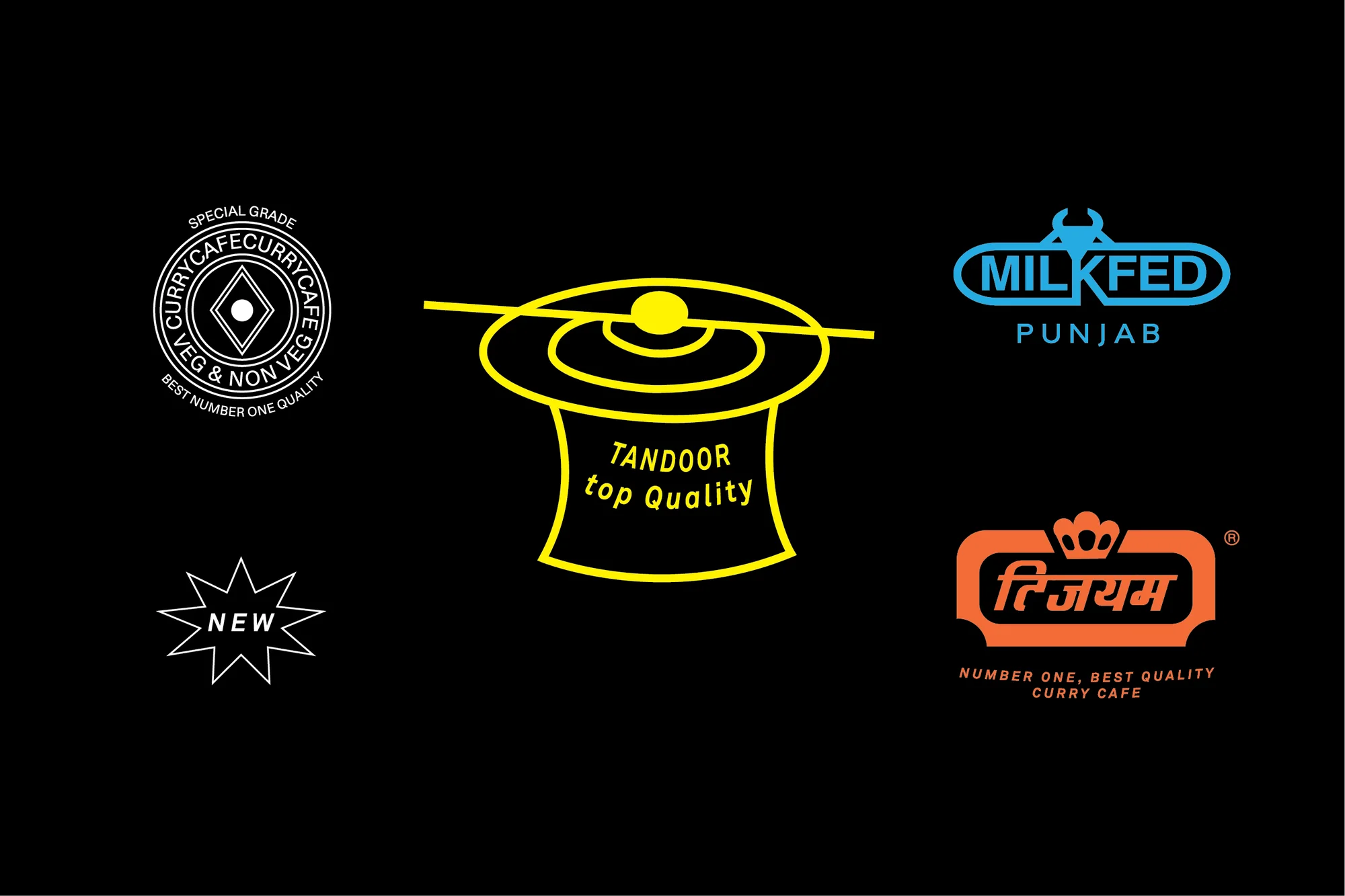 Logos for various curry cafe and food brands are set against a black backdrop, displaying brand names, taglines, and vector graphics.