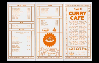 Orange and white printed restaurant menu layout featuring Curry Cafe branding and food items.