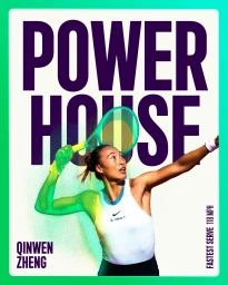 Graphic portrait of tennis player Qinwen Zheng holding a racquet against a white background with purple typography