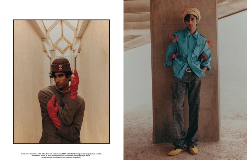 Editorial fashion shot of an adult male model in brown suit, red gloves, and beaded necklace in a tunnel, contrasted with a turquoise jacket.