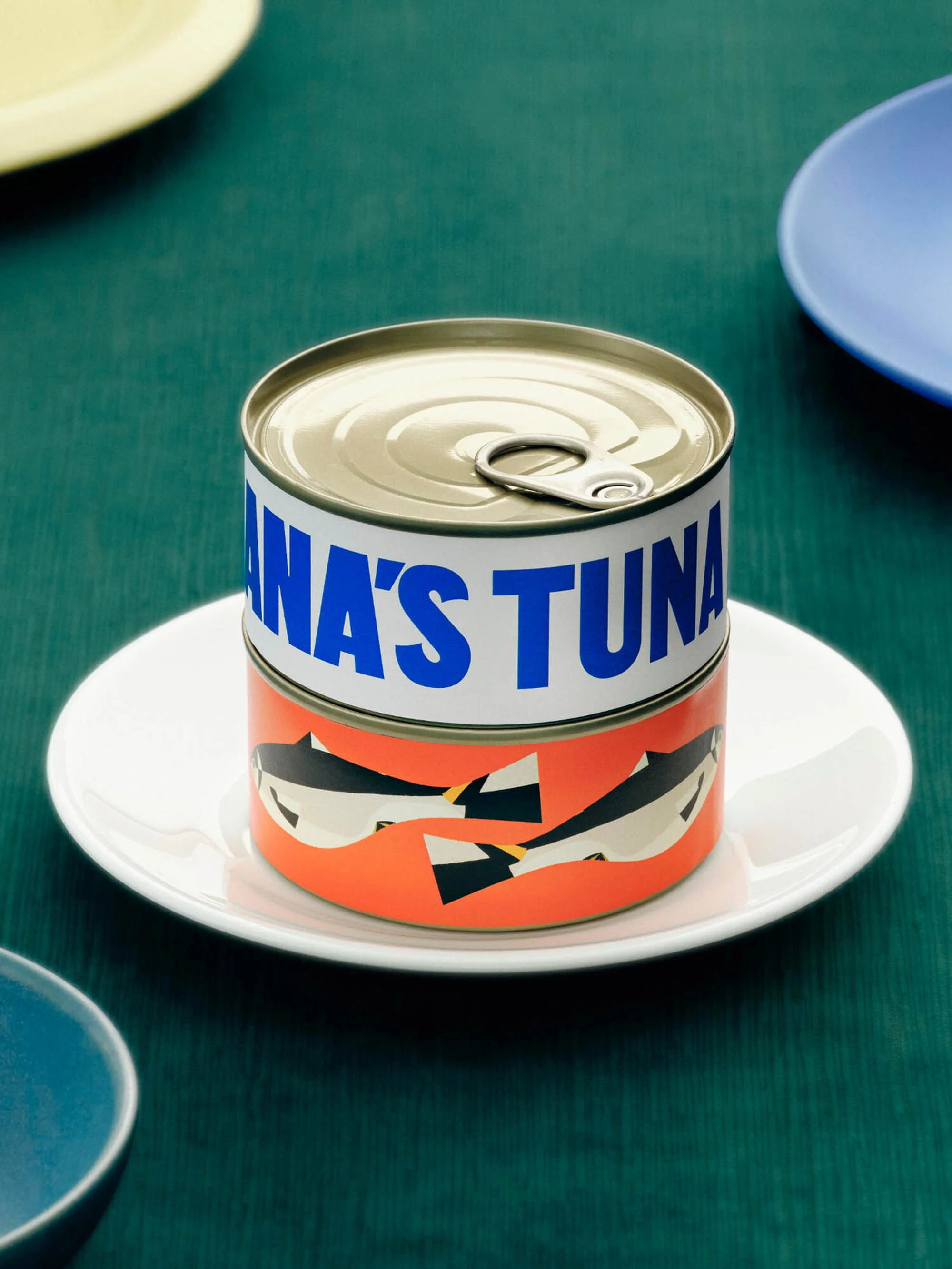 Canned tuna fish on a white plate against a green backdrop, with blue bowl and plate edges adding color contrast.