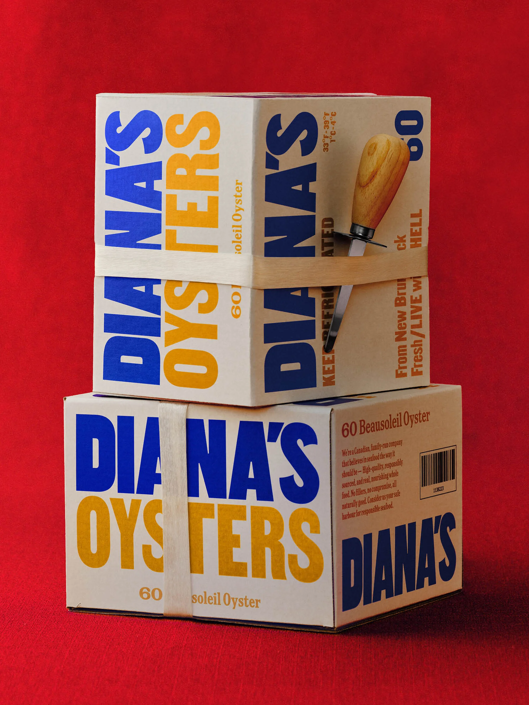 Stack of Diana's Oysters boxes on a red surface, secured with a rubber band. An oyster knife is placed between the boxes.