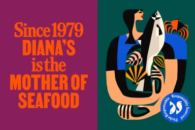 Illustrated graphic with orange typography on purple background next to a woman holding a large fish on green background.