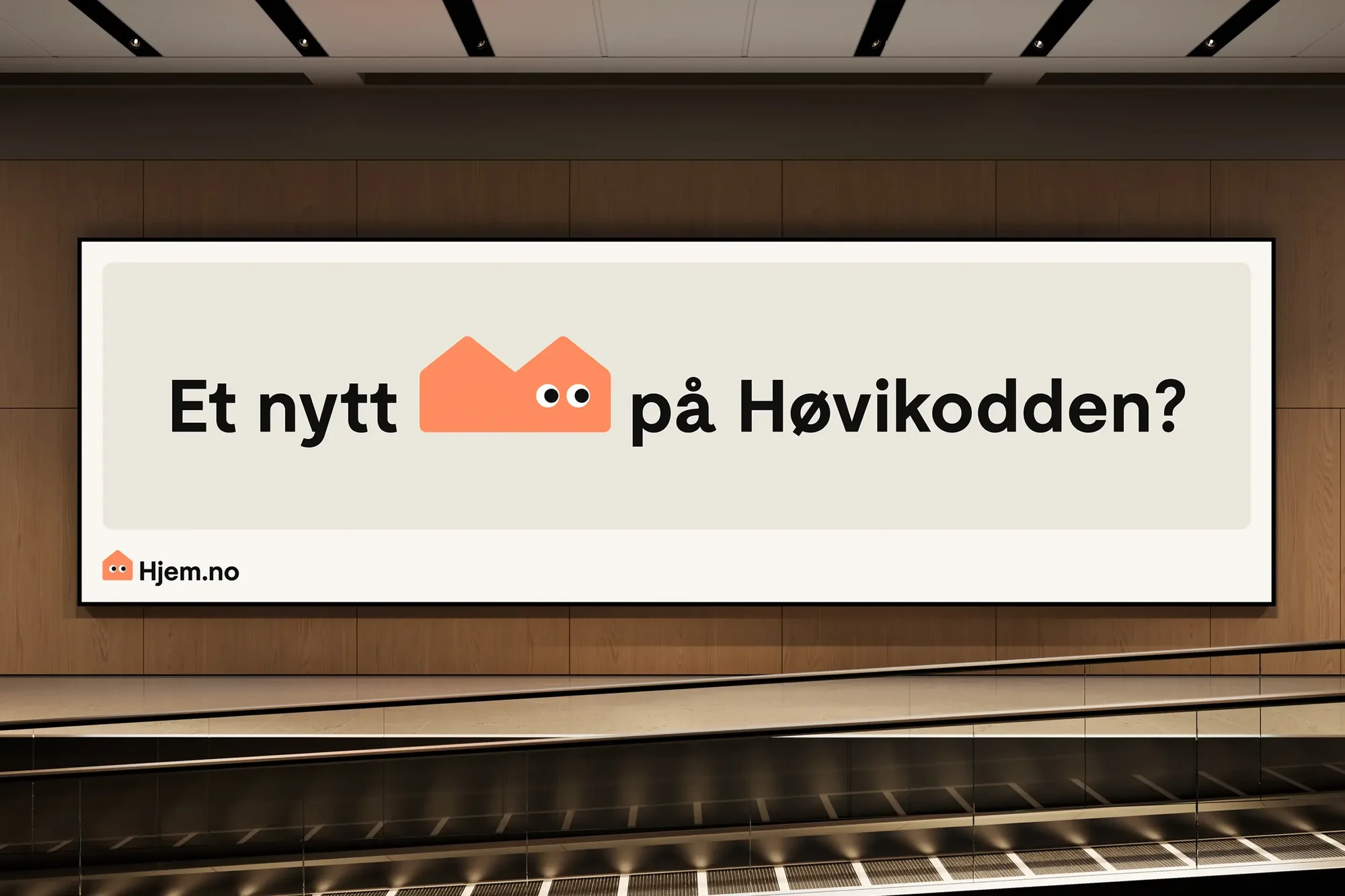 Real estate advertisement featuring illustration of two connecting houses, conveying home ownership opportunities in the area of Høvikodden.