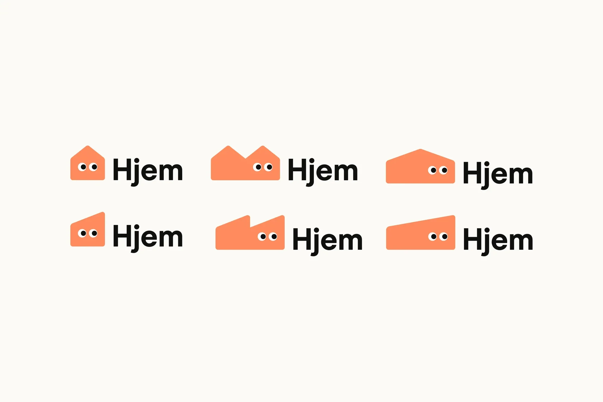 Six variations of a logo with orange house shapes, black 'Hjem' text, and cartoon eyes, set against a white background.