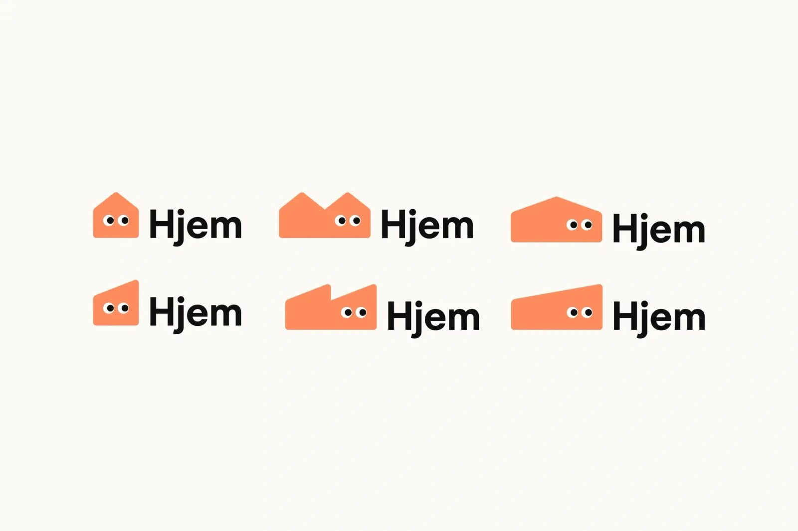 Brand identity showcase for Hjem featuring six orange house icons with eyes paired with black wordmarks against a plain white background.