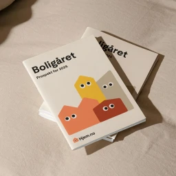 Two booklets titled Boligaret with illustrated colourful house graphics resting on a neutral fabric surface