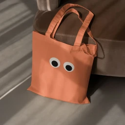 Peach-colored canvas tote bag featuring large cartoon googly eyes resting beside a brown armchair
