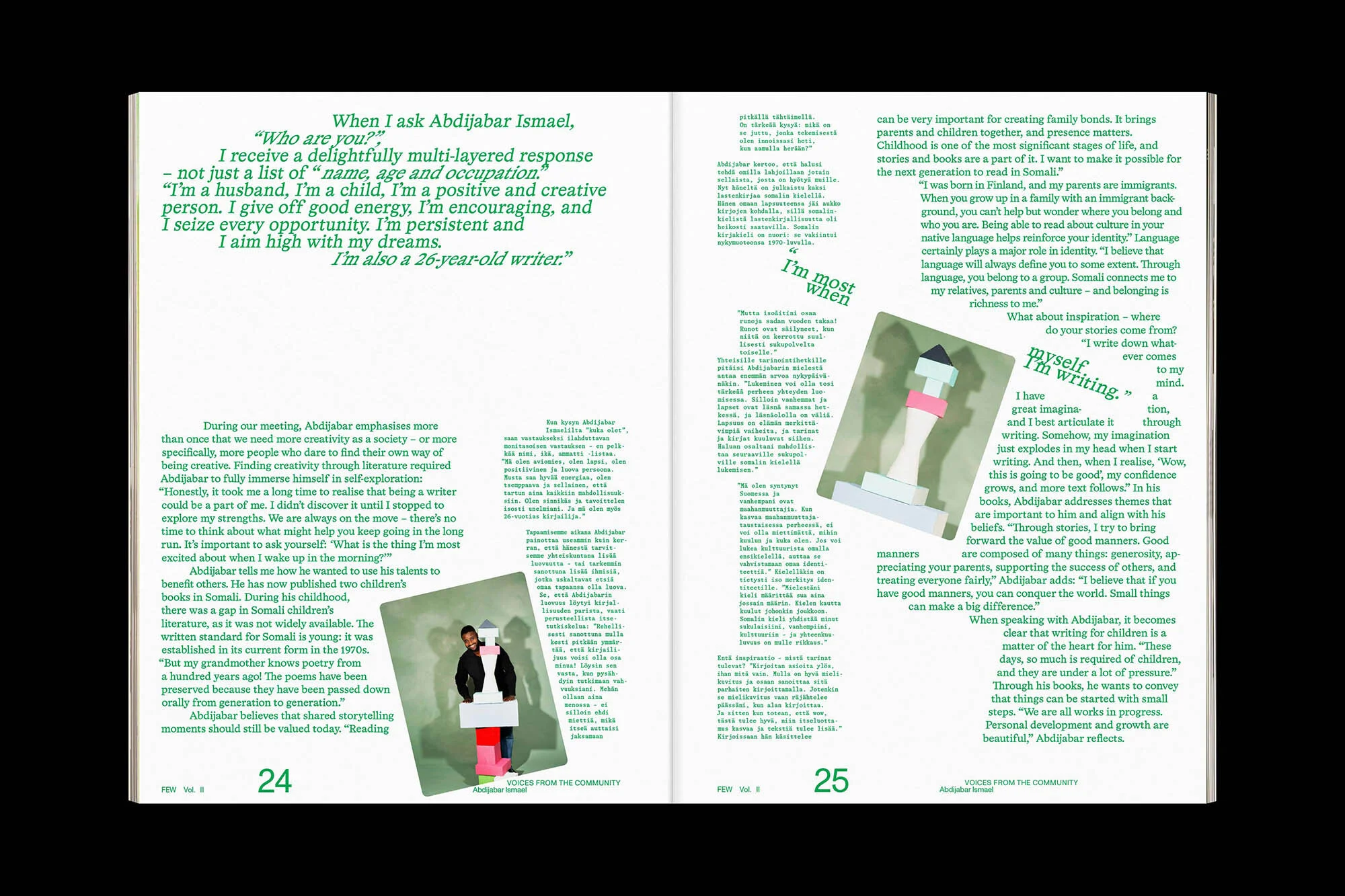 Magazine spread features Abdijabar Ismael's writings with a portrait, offering insights into his literary work and personal experiences.