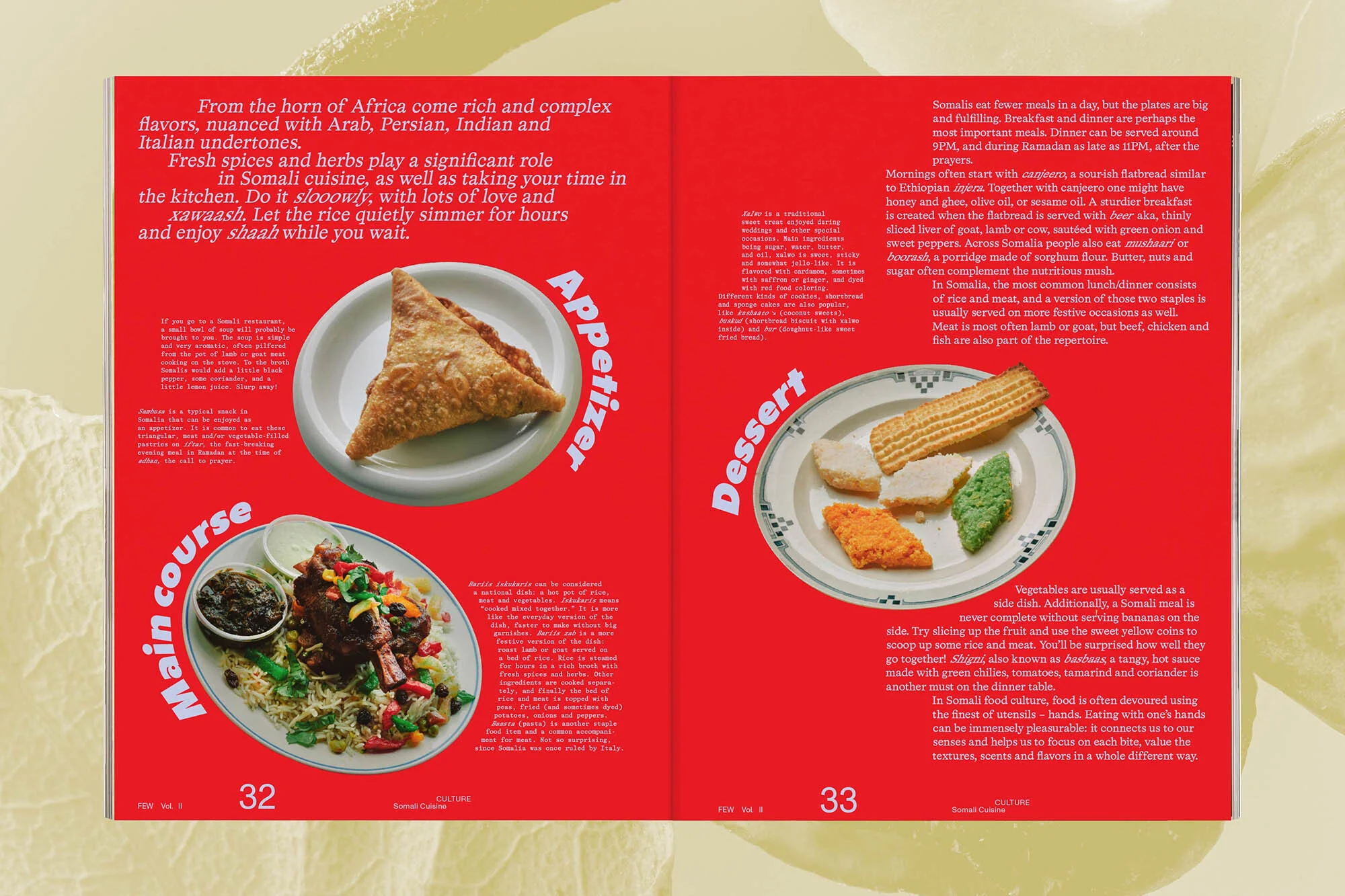 An open magazine spread showcases a colorful layout featuring vibrant dishes like a savory pastry appetizer, a main course with rice and vegetables, and a platter of desserts.