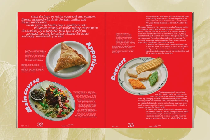 An open magazine spread showcases a colorful layout featuring vibrant dishes like a savory pastry appetizer, a main course with rice and vegetables, and a platter of desserts.