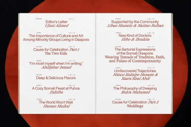 Open magazine double-page spread displaying a detailed table of contents with red typography over a dark red circular background.