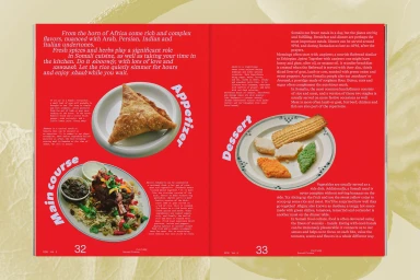 Spread from FEW brand identity featuring Somali cuisine with vibrant red pages, food photography, and typography