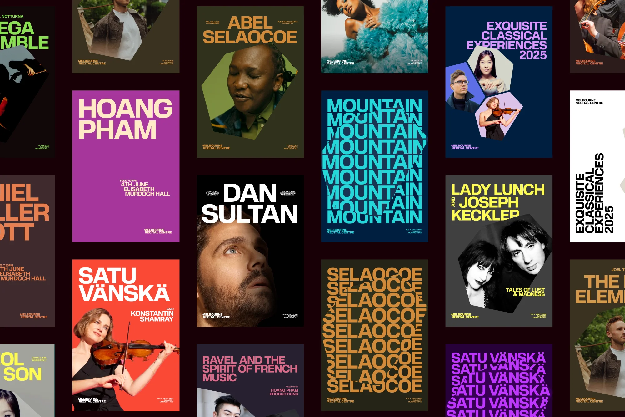 Collection of promotional posters featuring various performing artists and classical experiences. A diverse range of individual poster designs.