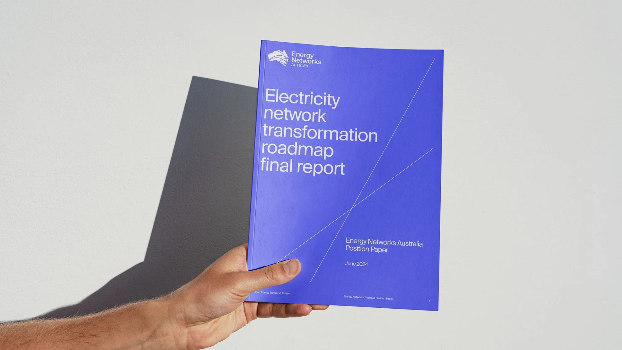 Hand holds a blue report with the title 'Electricity Network Transformation Roadmap Final Report' against a white background.