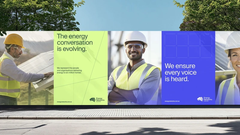 Outdoor banner featuring three energy workers: two men and one woman, all in safety vests and hardhats, conveying a message of energy conversation.