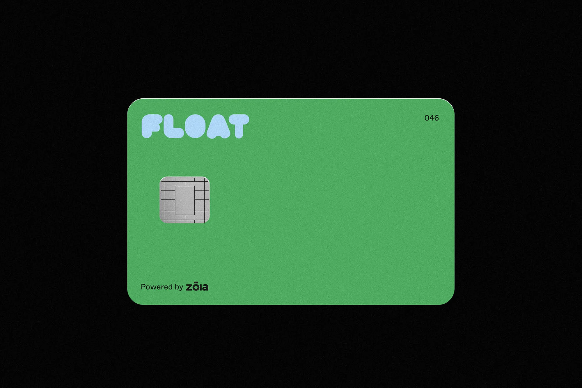 Close-up of a bright green credit card with blue lettering and a visible chip set against a stark black background.