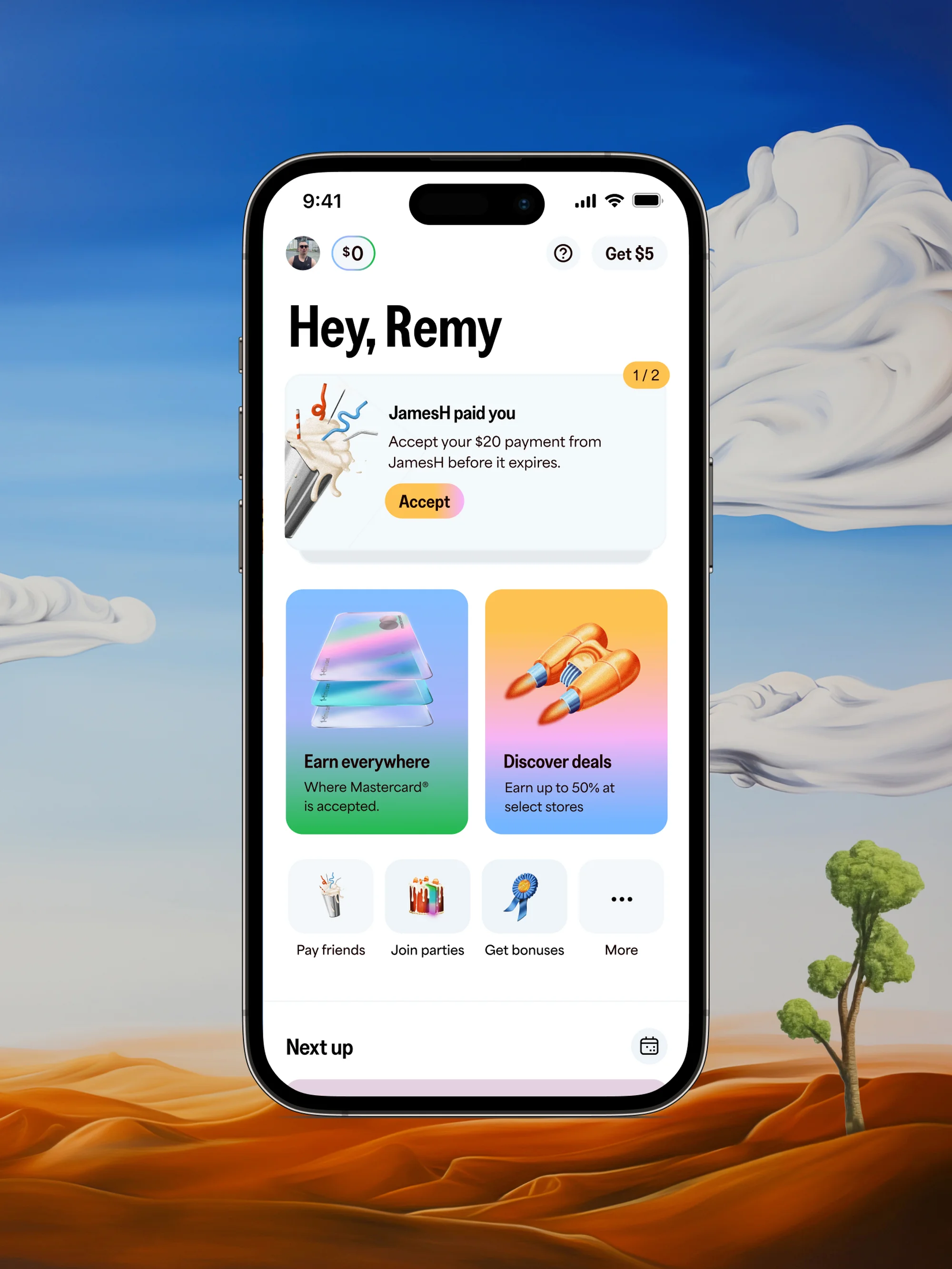 Mobile phone displaying a finance app interface, set against a stylized background of a desert landscape and sky with clouds.