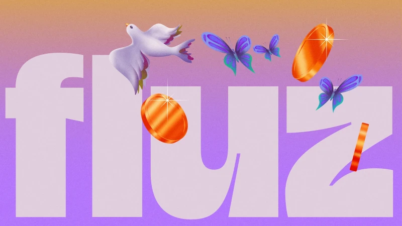 Whimsical art featuring a white dove, butterflies, and copper coins floating above stylized purple text on an orange to purple gradient.