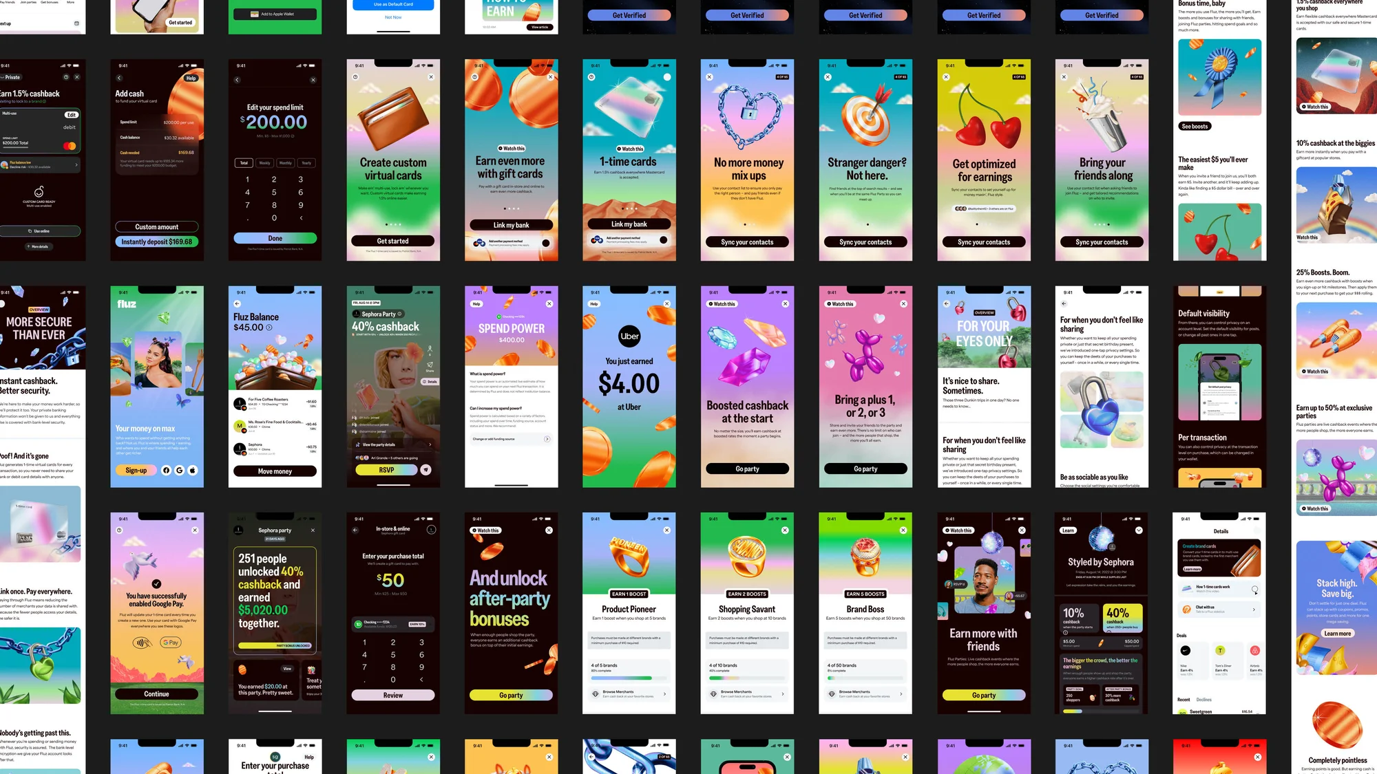 Display of finance app screens on mobile devices with virtual cards, cashback offers, and promotional content shown.