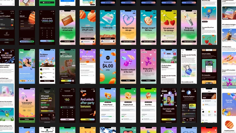 Display of finance app screens on mobile devices with virtual cards, cashback offers, and promotional content shown.