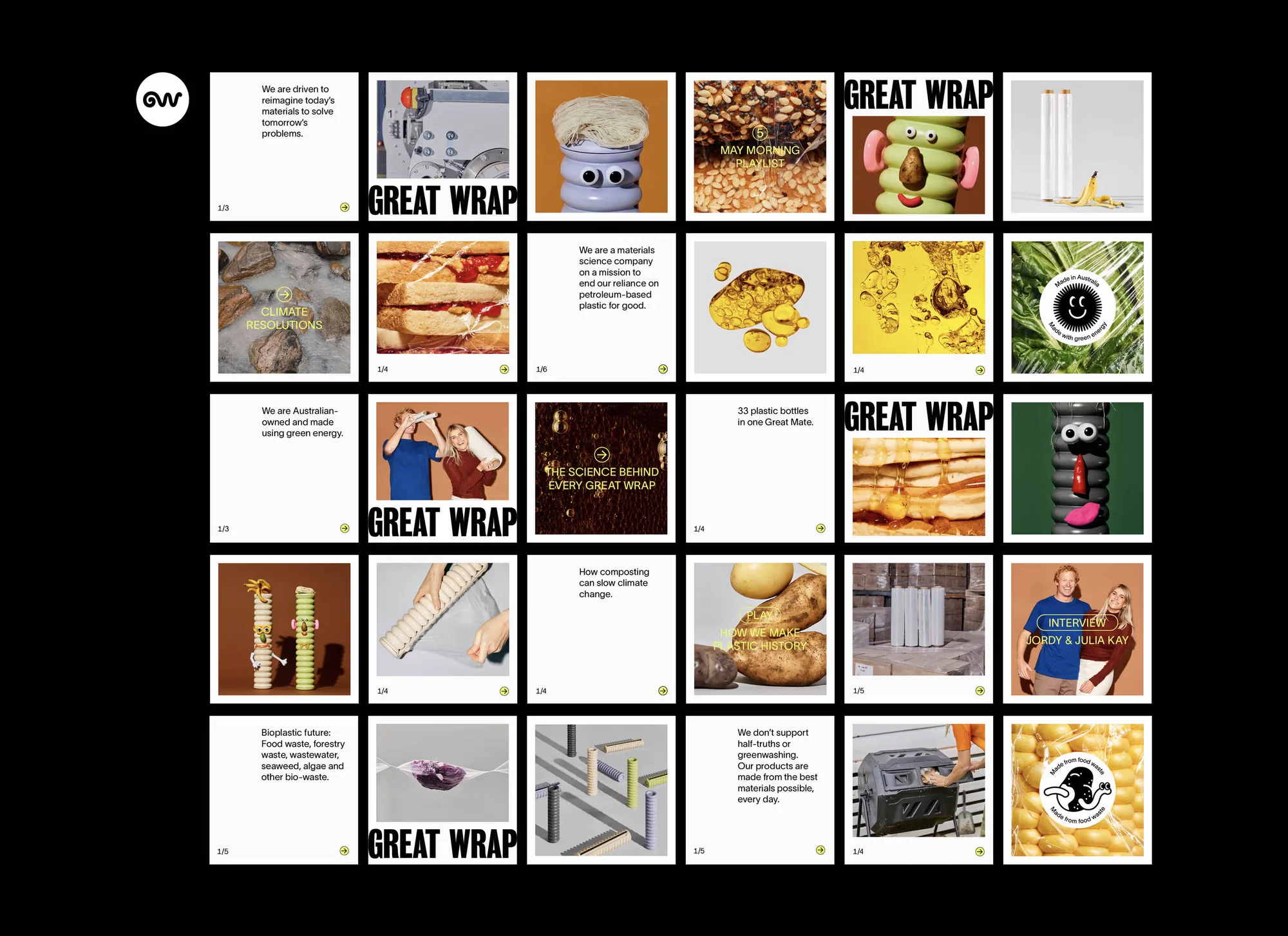 Collage of Great Wrap images showcasing various applications and compositions featuring food, products, and abstract designs on white backgrounds.