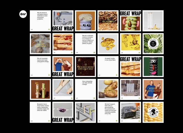 Collage of Great Wrap images showcasing various applications and compositions featuring food, products, and abstract designs on white backgrounds.