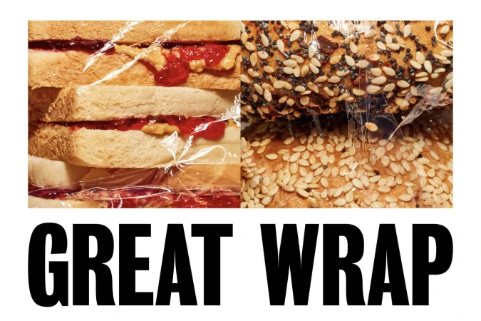 Close-up of a peanut butter and jelly sandwich next to a sesame seed bagel, both wrapped in clear plastic wrap; bold text below.