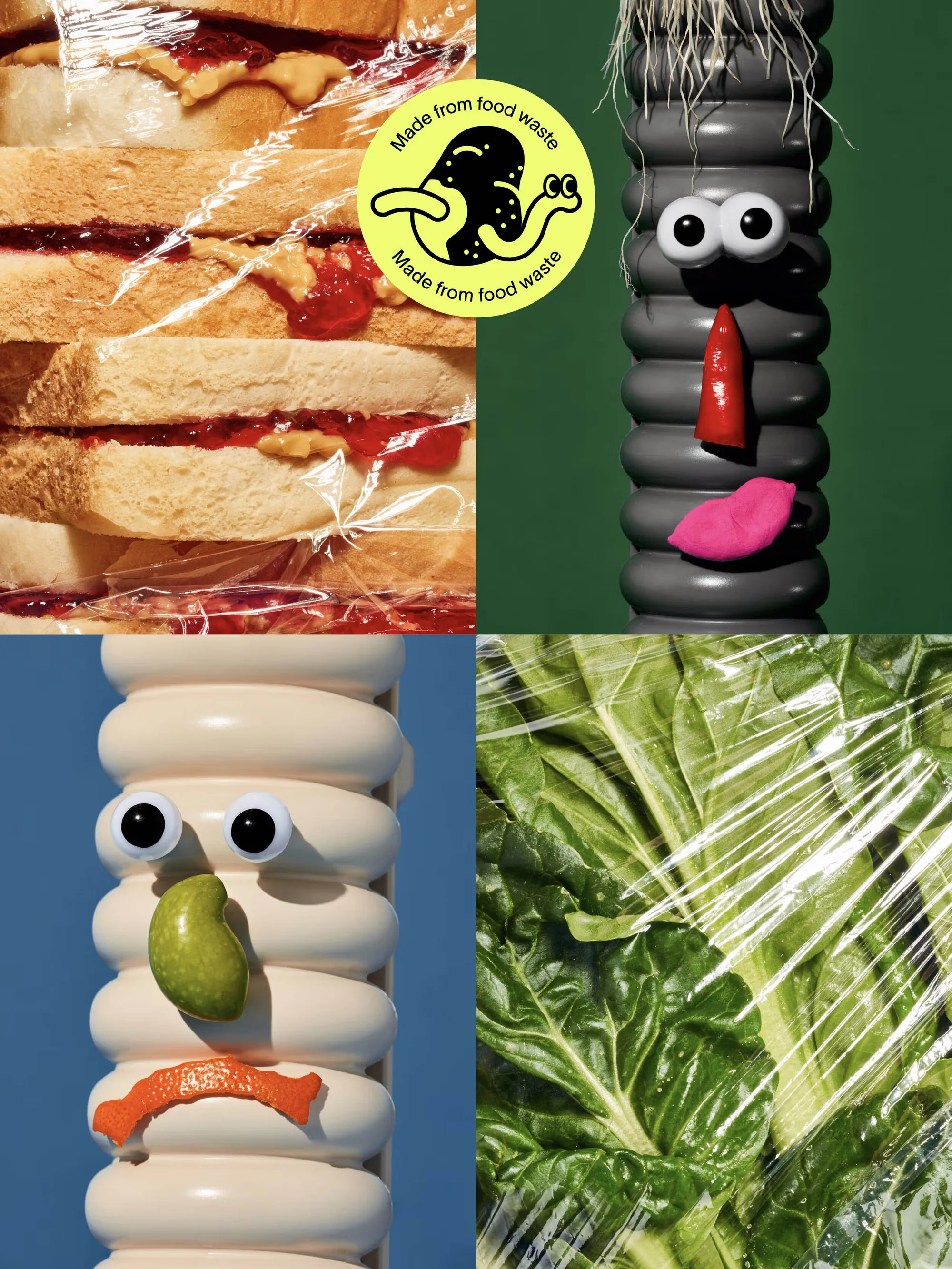 Abstract collage features a peanut butter and jelly sandwich, green vegetable, and two food waste monsters wrapped in plastic.