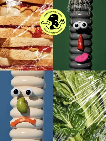 Abstract collage features a peanut butter and jelly sandwich, green vegetable, and two food waste monsters wrapped in plastic.