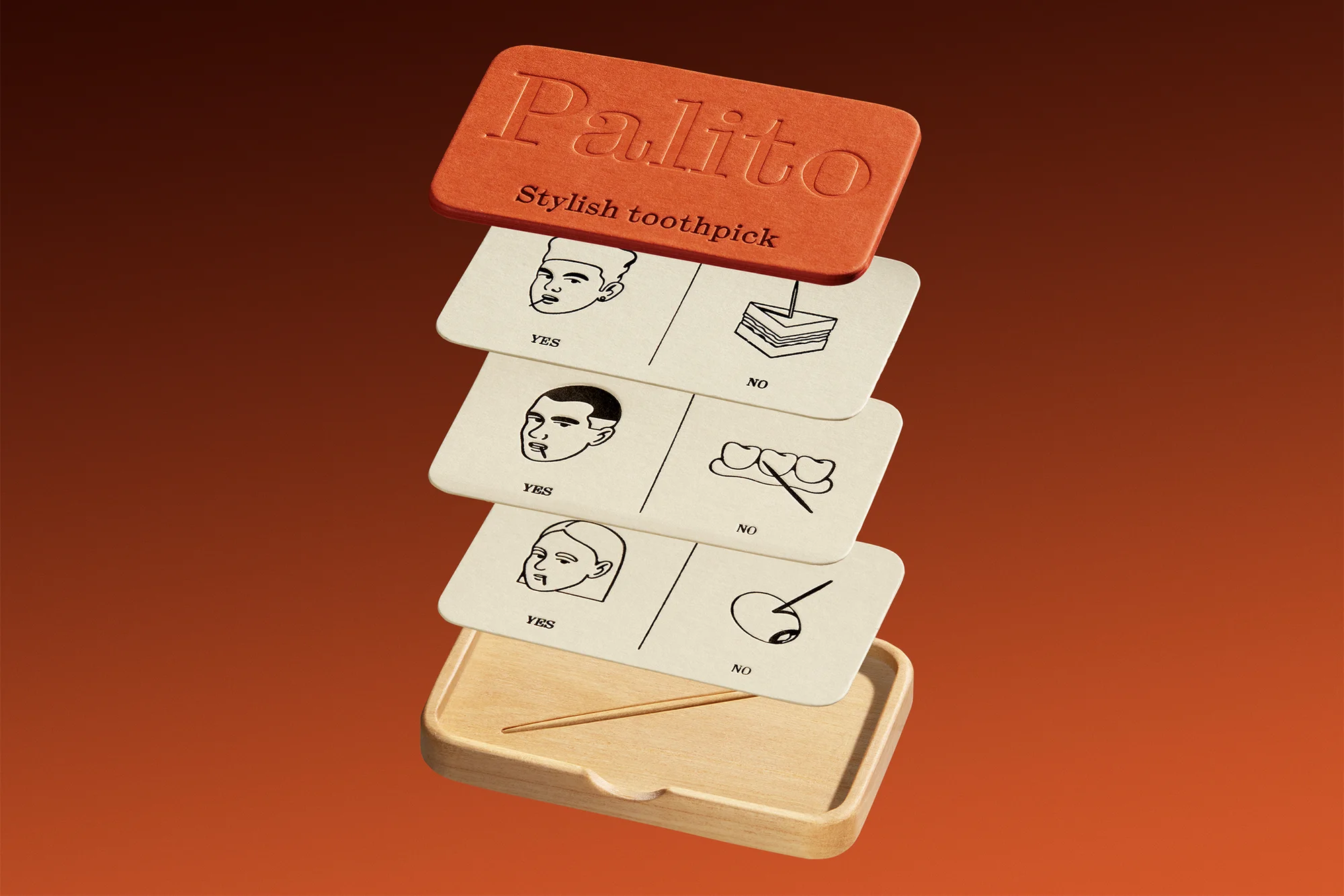 Stylish toothpick set with illustrated cards showing when to use a toothpick, arranged in a visually appealing manner.