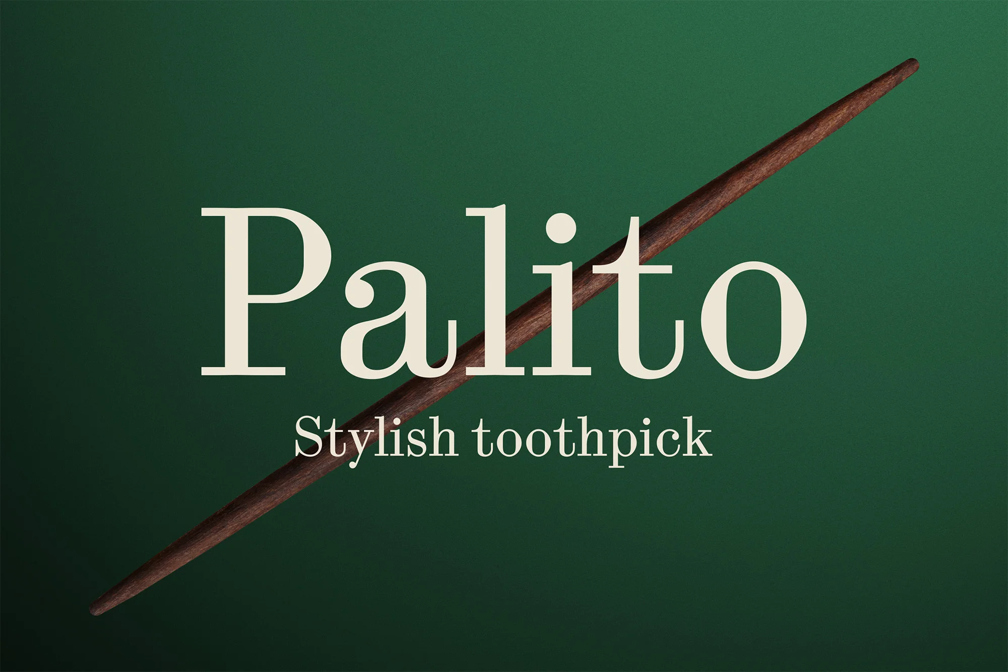 Close-up studio shot of a wooden toothpick over a dark green background with white lettering displaying the word 'Palito'.