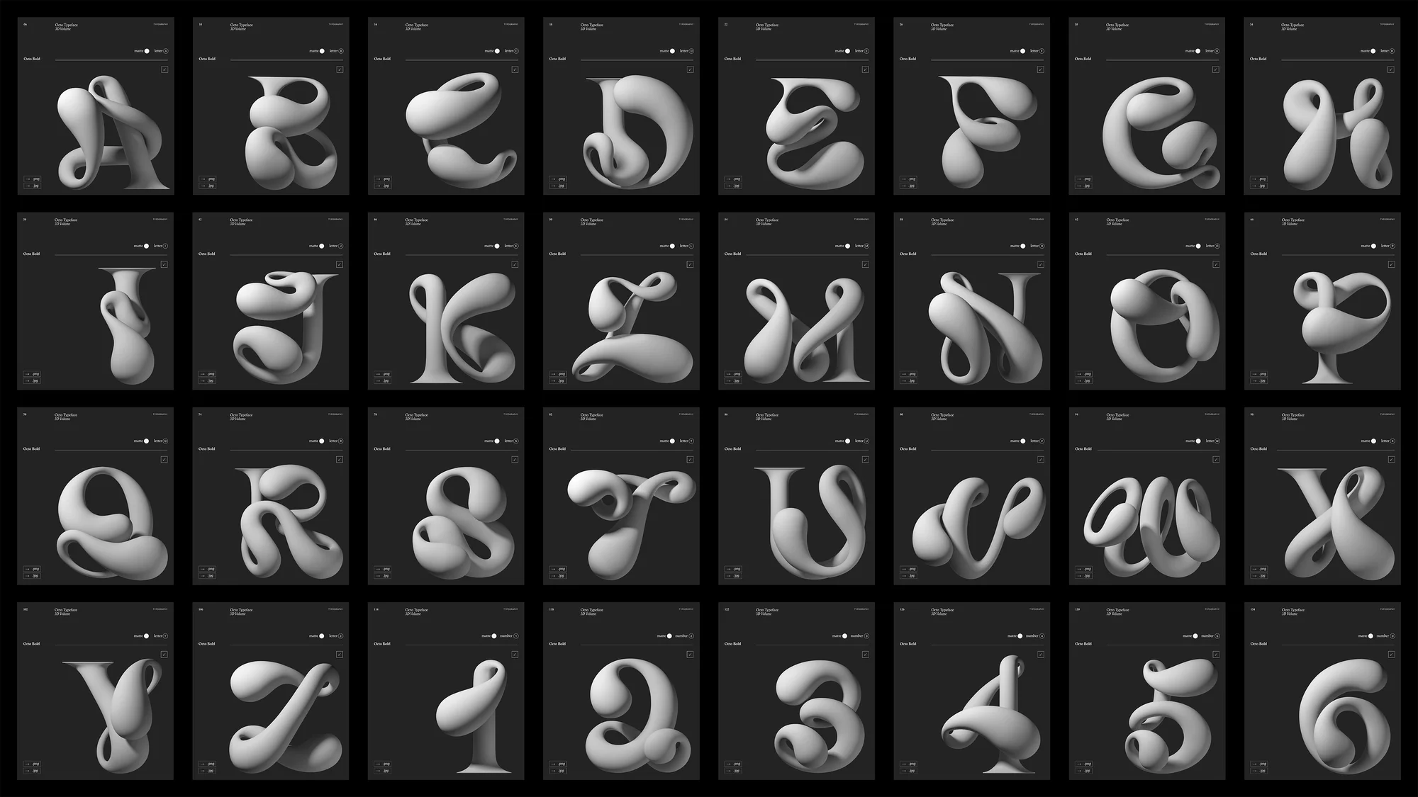 3D-rendered collection featuring the alphabet and numerals with a soft, rounded aesthetic, set against a dark, neutral background.