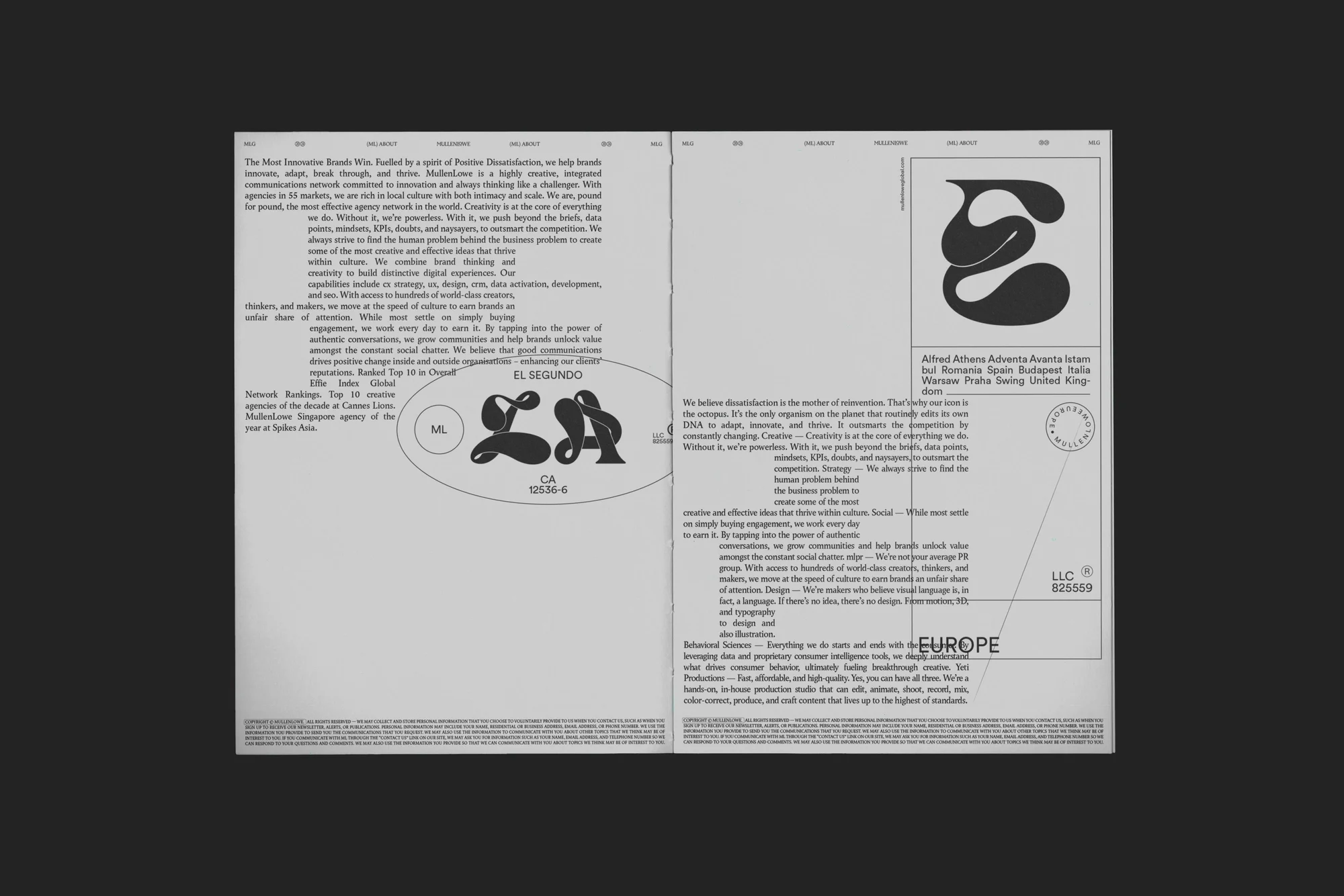 Layout of a broadsheet featuring text, logos, and abstract graphic elements, suggesting design work and corporate communication materials.