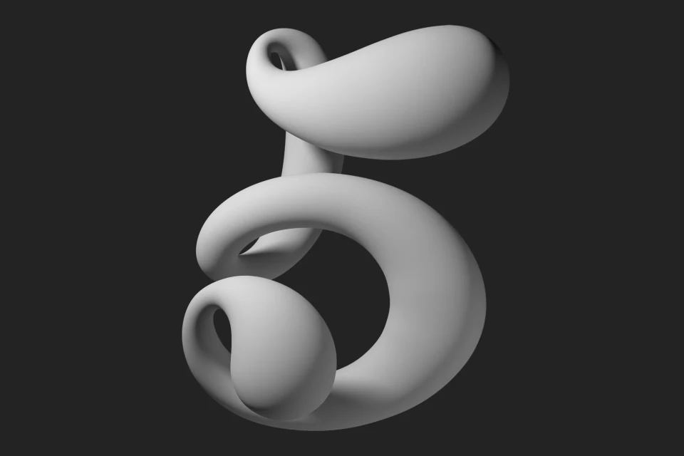Abstract CGI art: white looping torus knot on dark gray. Modern organic flowing sculpture. Minimalist graphic with subtle gradients.