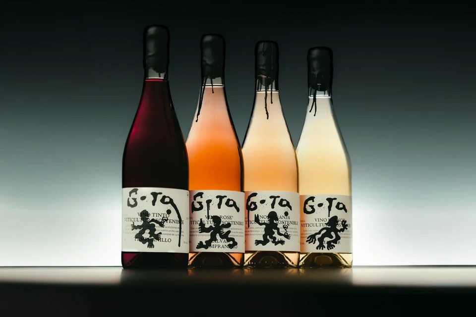 Four wine bottles with different colored wines lined up against a gradient gray background, featuring 'G-Ta' labels with black illustrations.