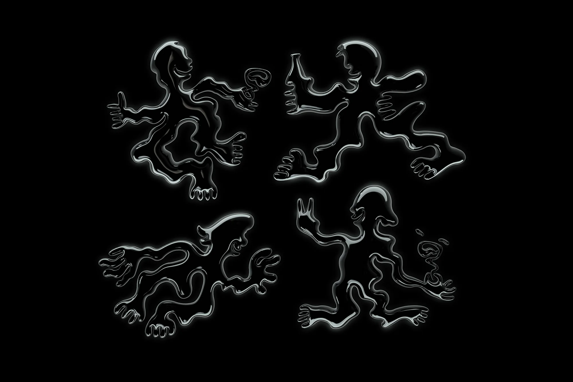 Illustration of four abstract, fluid-like human figures in dynamic poses against a stark black background with a glossy, reflective texture.