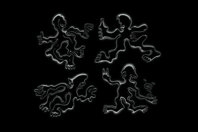 Illustration of four abstract, fluid-like human figures in dynamic poses against a stark black background with a glossy, reflective texture.
