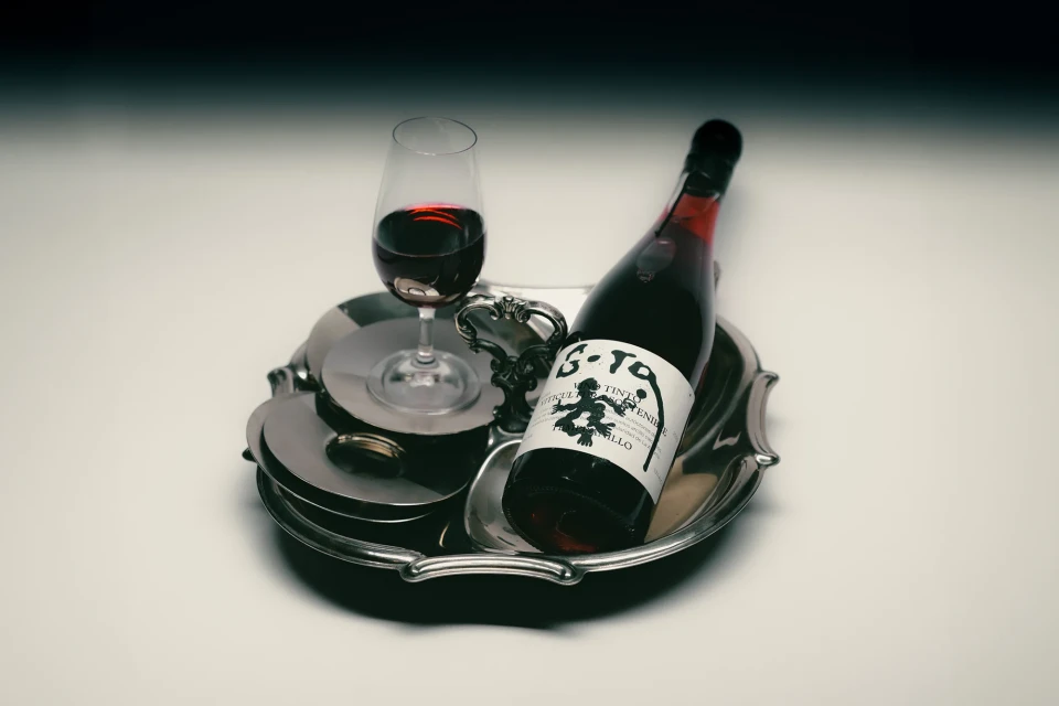 Red wine in a glass and a bottle on a silver tray, showcasing a luxurious and elegant presentation against a neutral background.