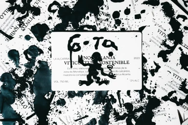 Monochrome brand identity design for Gota featuring black ink splatters across printed cards and text documents