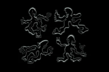 Four glossy liquid-metal embossed figures of dancing characters against a solid black background.