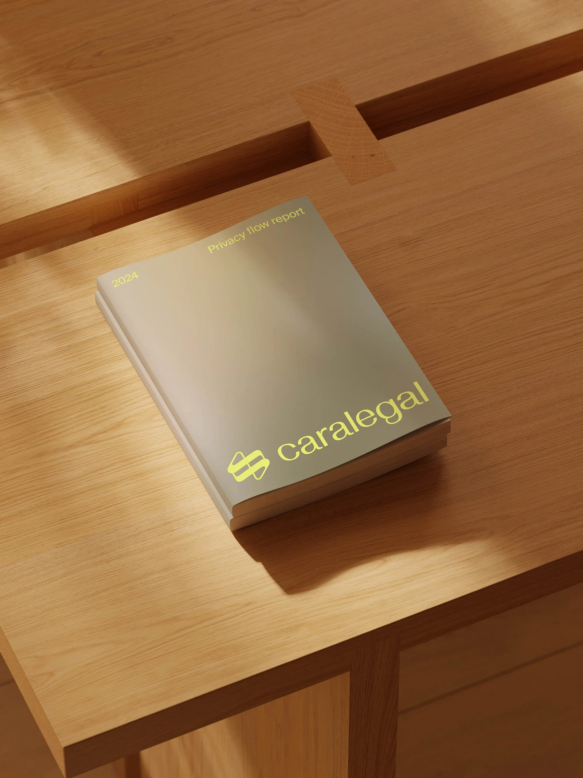 Minimalist studio product shot featuring a 'Privacy Flow Report' book by Caralegal on a light wood table with natural light.
